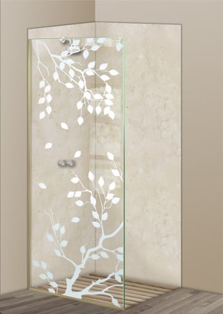 Shower Partition showcasing a Frosted Glass Asian Design with Sandblast Etched Glass Art by Sans Soucie Cherry Tree Design
