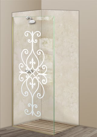 Shower Partition with a sandblast Frosted Glass Wrought Iron Design Custom-Designed Decorative Etched Glass