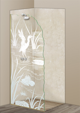Not Private Shower Panel with Sandblast Etched Glass Art by Sans Soucie Featuring Cranes A Wildlife Design