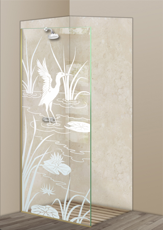 Shower Partition showcasing a Frosted Glass Wildlife Design with Sandblast Etched Glass Art by Sans Soucie Cranes A Design