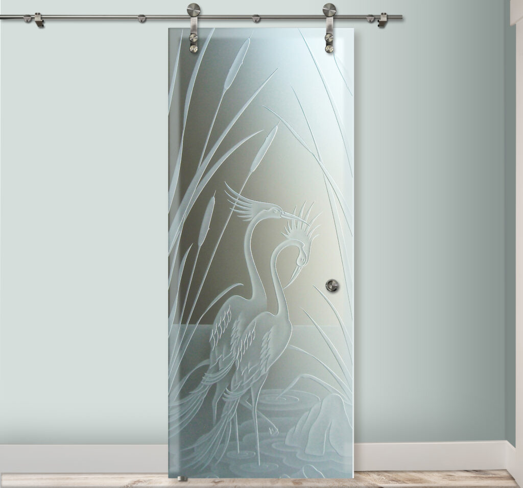 Sliding barn door for closet with Cranes & Cattails design