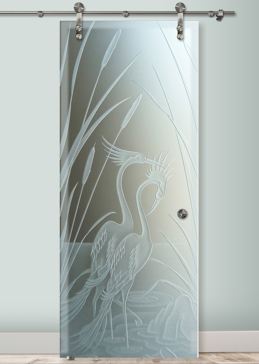 Private Sliding Glass Barn Door with Sandblast Etched Glass Art by Sans Soucie Featuring Cranes & Cattails Wildlife Design