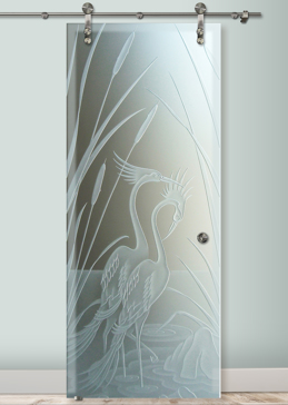 Semi-Private Glass Barn Door with Sandblast Etched Glass Art by Sans Soucie Featuring Cranes & Cattails Wildlife Design