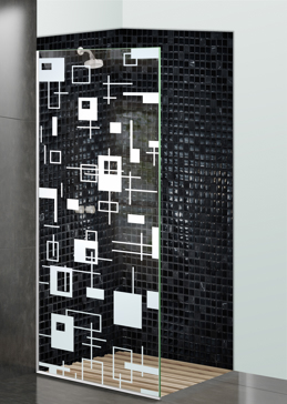 Shower Panel with a Frosted Glass Cross Bars Geometric Design for Not Private by Sans Soucie Art Glass