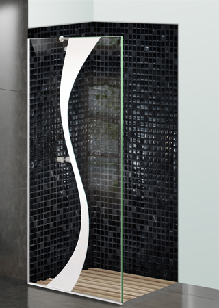 Shower Partition with a Frosted Glass Curvature Geometric Design for Semi-Private by Sans Soucie Art Glass