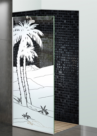 Shower Partition with a sandblast Frosted Glass Palm Trees Design Custom-Designed Decorative Etched Glass
