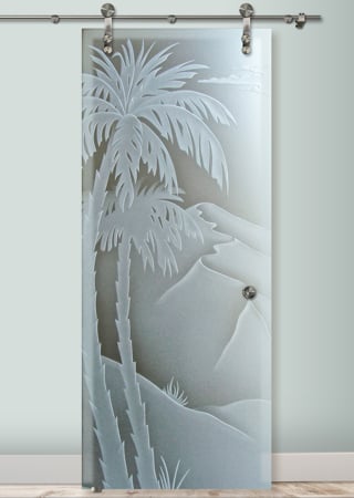 Glass Barn Door with a sandblast Frosted Glass Palm Trees Design Custom-Designed Decorative Etched Glass