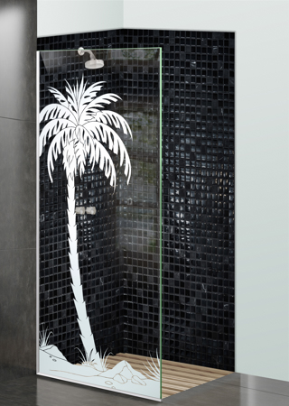 Shower Partition with a sandblast Frosted Glass Palm Trees Design Custom-Designed Decorative Etched Glass