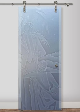 Art Glass Sliding Glass Barn Door Featuring Sandblast Frosted Glass by Sans Soucie for Private with Art Deco Debonair Design