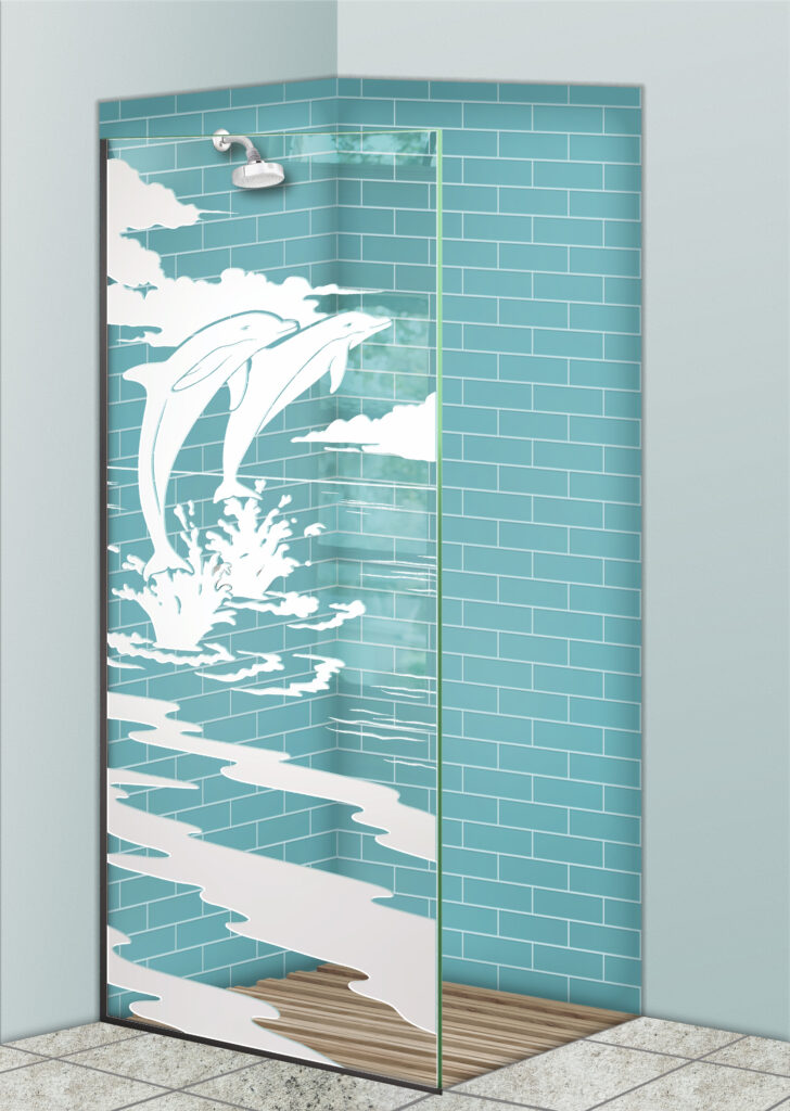 Glass shower divider with frosted leaping dolphins and ocean design in a turquoise tile shower.