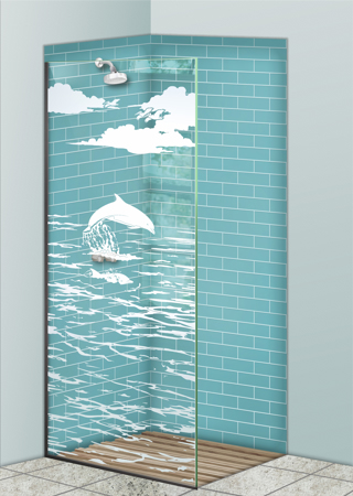 Shower Partition featuring Frosted Glass Design Etched Glass by Sans Soucie Art Glass with Custom Oceanic Design Dolphins in the Shimmer