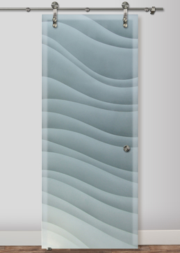 Not Private Sliding Glass Barn Door with Sandblast Etched Glass Art by Sans Soucie Featuring Dreamy Waves Abstract Design