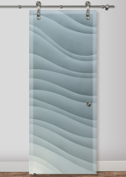 Not Private Glass Barn Door with Sandblast Etched Glass Art by Sans Soucie Featuring Dreamy Waves Abstract Design