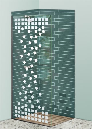 Shower Partition showcasing a Frosted Glass Geometric Design with Sandblast Etched Glass Art by Sans Soucie Falling Squares Design