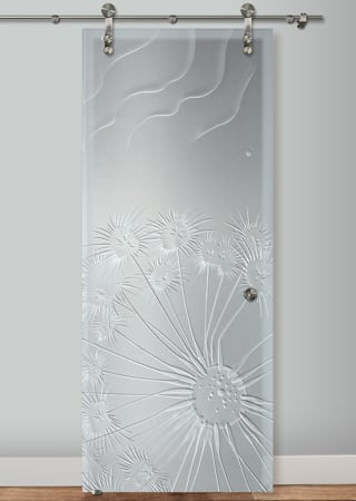 Glass Barn Door featuring Frosted Glass Design Etched Glass by Sans Soucie Art Glass with Custom Oceanic Design Fan Coral Ripples