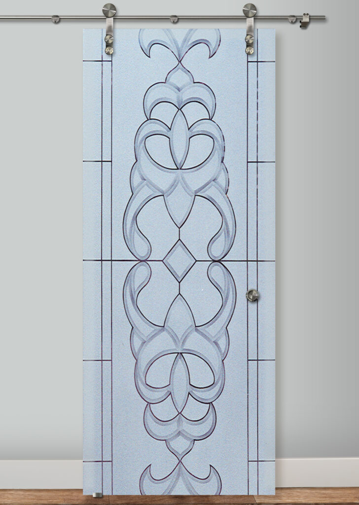 Faux Bevels 2D semi-private design barn door with glass - Sans Soucie Art Glass