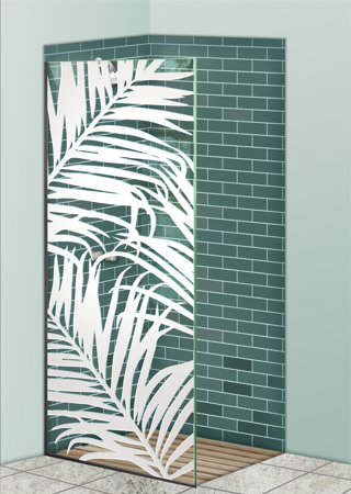 Shower Partition featuring a Frosted Glass Foliage Design Sandblast Etched Glass Fern Leaves Design by Sans Soucie