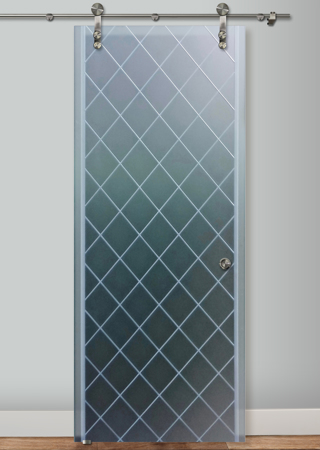 Glass Barn Door with a sandblast Frosted Glass Borders Design Custom-Designed Decorative Etched Glass