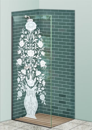 Shower Partition with a sandblast Frosted Glass Floral Design Custom-Designed Decorative Etched Glass