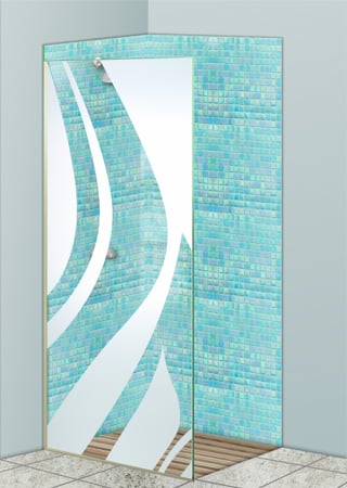 Shower Partition featuring a Frosted Glass Abstract Design Sandblast Etched Glass Flow Design by Sans Soucie