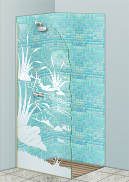 Handcrafted Etched Glass Shower Panel by Sans Soucie Art Glass with Custom Foliage Design Called Flowing Streams Creating Not Private
