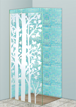 Not Private Shower Panel with Sandblast Etched Glass Art by Sans Soucie Featuring Forest Trees Trees Design
