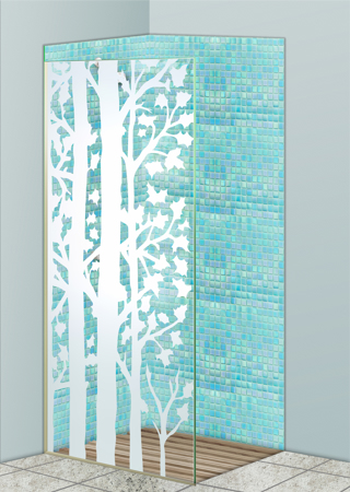 Shower Partition showcasing a Frosted Glass Tree Design with Sandblast Etched Glass Art by Sans Soucie Forest Trees Design