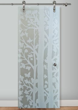Private Sliding Glass Barn Door with Sandblast Etched Glass Art by Sans Soucie Featuring Forest Trees Trees Design