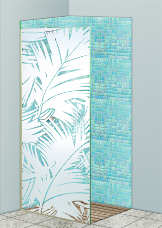 Shower Partition featuring a Frosted Glass Tropical Design Sandblast Etched Glass Fronds Design by Sans Soucie
