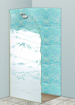 Handmade Sandblasted Frosted Glass Shower Panel for Not Private Featuring a Western Design Galloping in the Vistas by Sans Soucie
