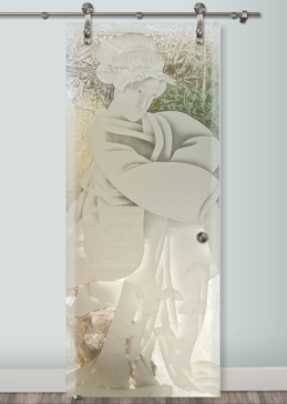 Art Glass Sliding Glass Barn Door Featuring Sandblast Frosted Glass by Sans Soucie for Semi-Private with Asian Geisha Design