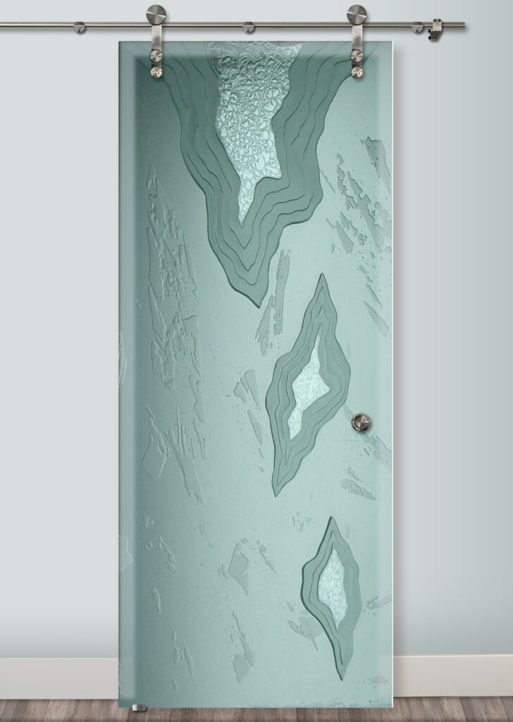 Glacier 3D carved shaded and gluechip design custom barn door with glass - Sans Soucie Art Glass