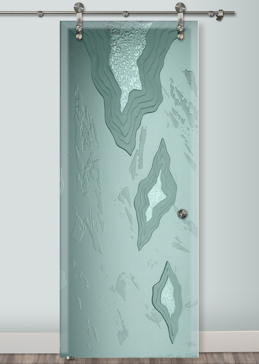 Private Sliding Glass Barn Door with Sandblast Etched Glass Art by Sans Soucie Featuring Glacier Abstract Design