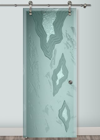 Glass Barn Door showcasing a Frosted Glass Abstract Design with Sandblast Etched Glass Art by Sans Soucie Glacier Design