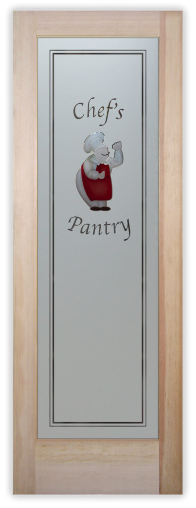 Natural wood pantry door with frosted glass “Chef’s Pantry” lettering and painted chef illustration