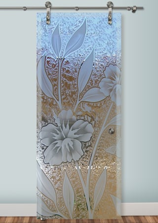 Glass Barn Door with Frosted Glass Tropical Hibiscus II Design by Sans Soucie