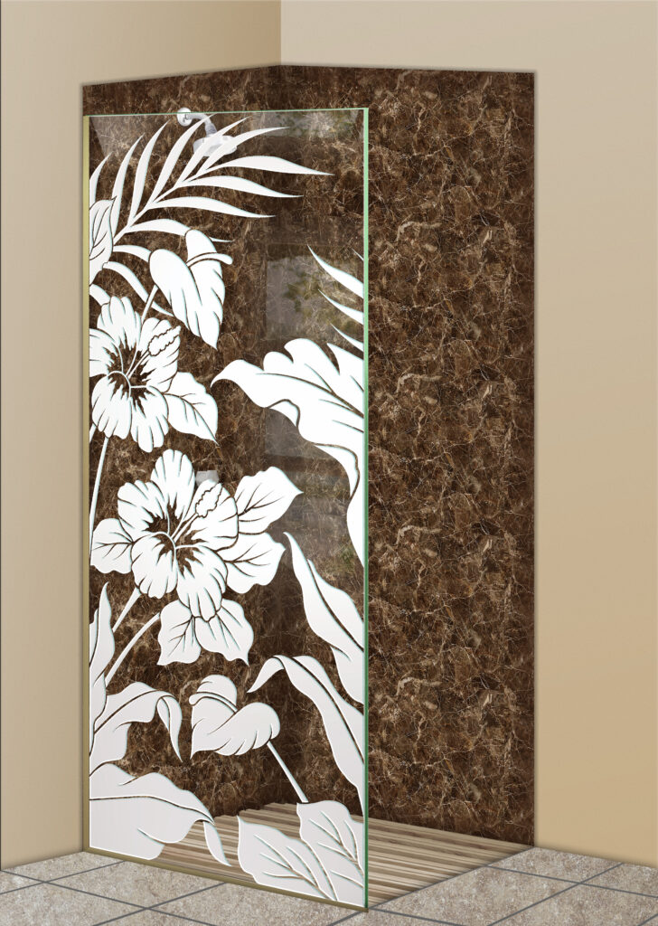 Glass shower divider with frosted hibiscus and tropical leaf design in a walk-in shower.