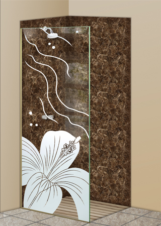 Shower Partition showcasing a Frosted Glass Tropical Design with Sandblast Etched Glass Art by Sans Soucie Hibiscus Ripples Design