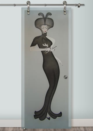 Glass Barn Door showcasing a Frosted Glass Art Deco Design with Sandblast Etched Glass Art by Sans Soucie Hillis Furs Puff Design
