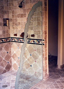 Shower Partition with a Frosted Glass Iceberg Angle Edges Design for Not Private by Sans Soucie Art Glass