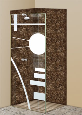Shower Partition featuring Frosted Glass Design Etched Glass by Sans Soucie Art Glass with Custom Geometric Design Interval