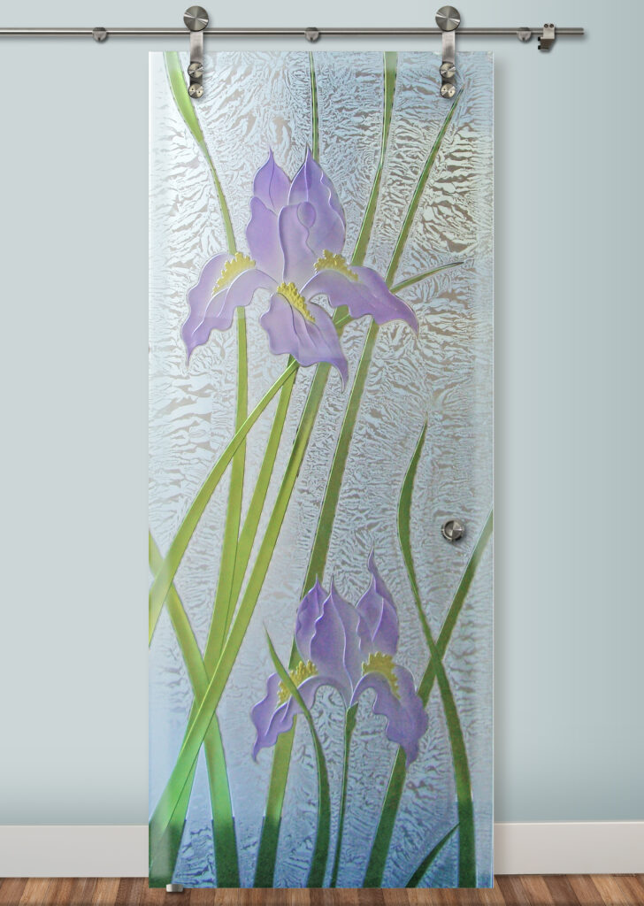 Frosted glass barn door with stunning Iris design