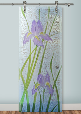 Sliding Glass Barn Door with a Frosted Glass Iris Floral Design for Semi-Private by Sans Soucie Art Glass