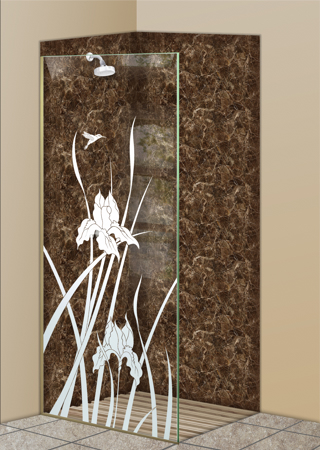 Shower Partition featuring a Frosted Glass Floral Design Sandblast Etched Glass Iris Hummingbird Design by Sans Soucie