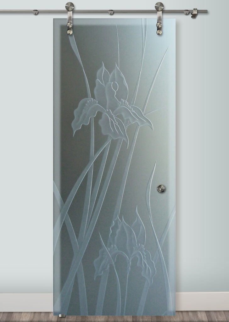 Iris 3D carved private design barn door with glass - Sans Soucie Art Glass