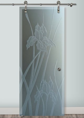 Glass Barn Door with a Frosted Glass Iris Floral Design for Private by Sans Soucie Art Glass