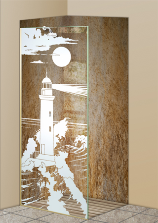 Shower Partition featuring Frosted Glass Design Etched Glass by Sans Soucie Art Glass with Custom Oceanic Design Lighthouse Beaming