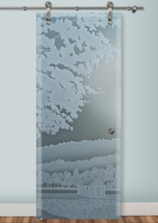Glass Barn Door with Frosted Glass Landscapes Log Cabin Design by Sans Soucie