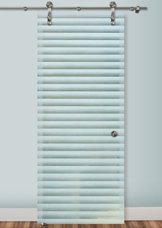 Glass Barn Door with a Frosted Glass Louvres Geometric Design for Semi-Private by Sans Soucie Art Glass