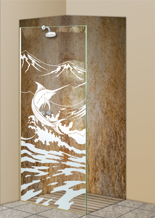 Shower Partition with a Frosted Glass Marlin Oceanic Design for Semi-Private by Sans Soucie Art Glass